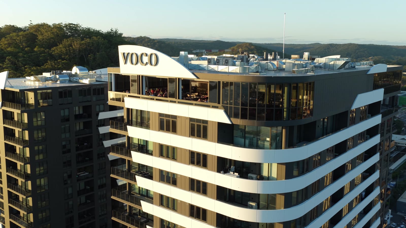 Hotel architecture in warm evening light