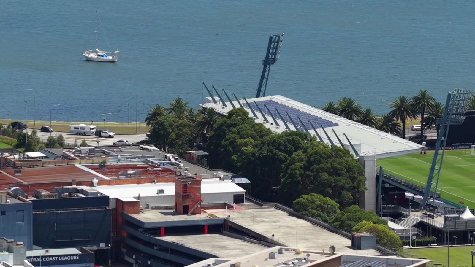 Aerial view of the Central Coast waterfront and stadium